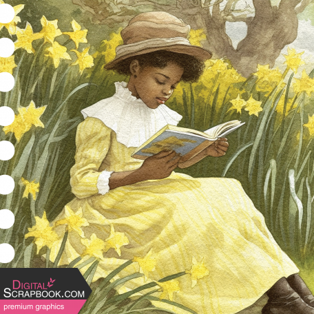 Afternoon Daffodil Element Ephemera Girl Reading 1